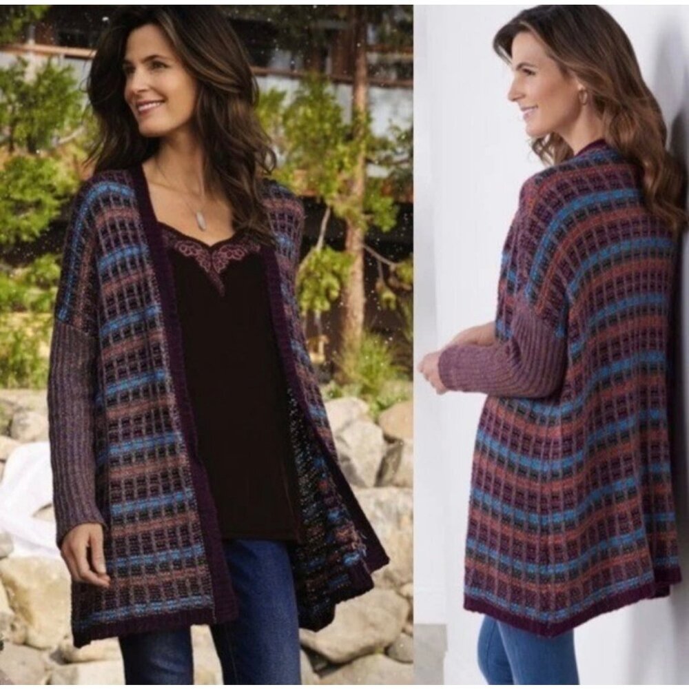 Soft Surroundings Eirene purple plaid wool open-front cardigan L/XL